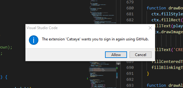 Screenshot showing VS Code GitHub authentication pop-up.